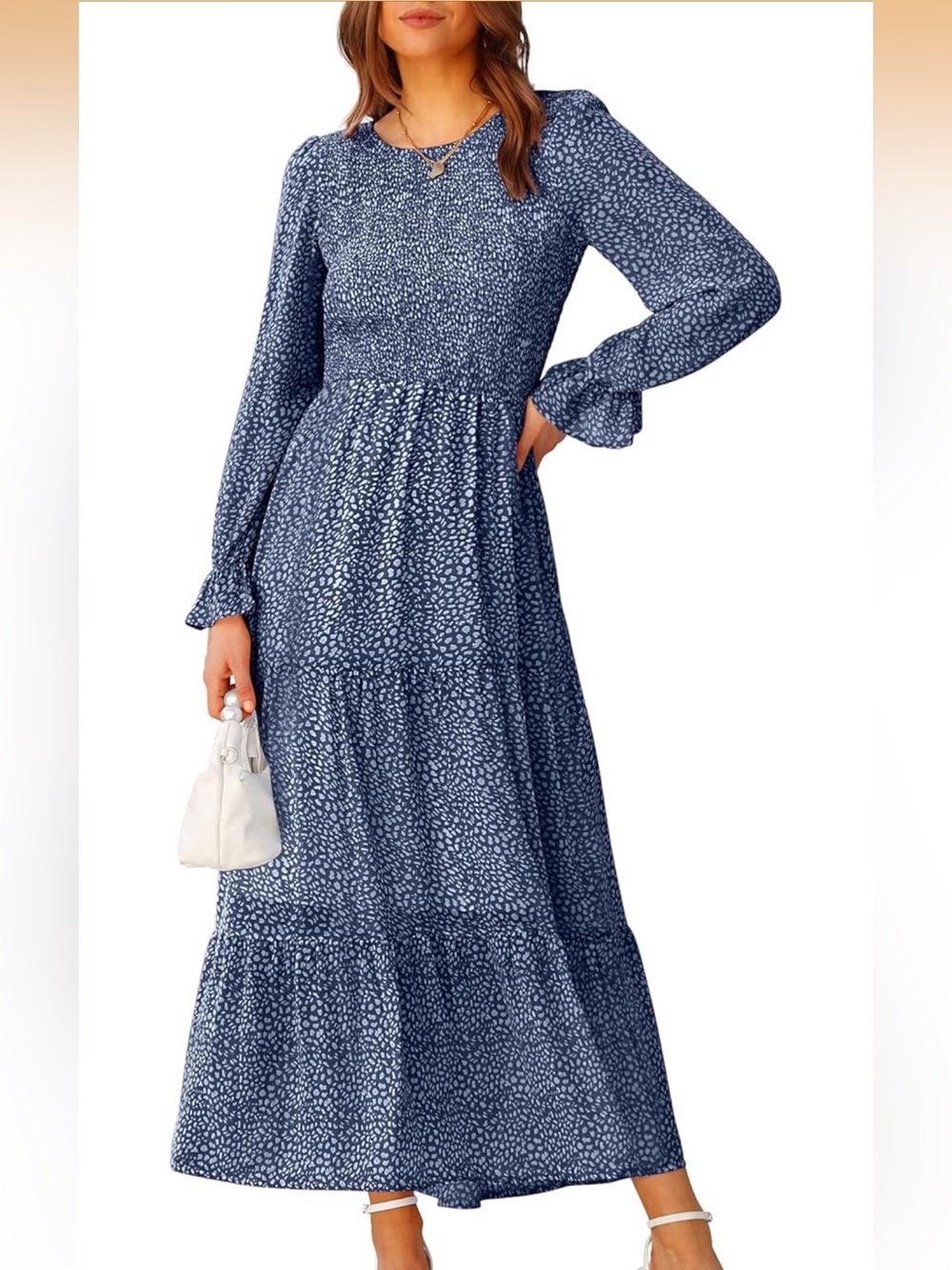 Blue Printed Long Sleeve Maxi Dress